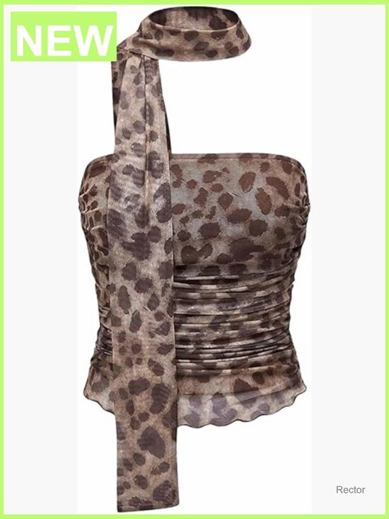 Tops - Leopard Print Tube Top Ruched Strapless Mesh Halter Crop Top Party
